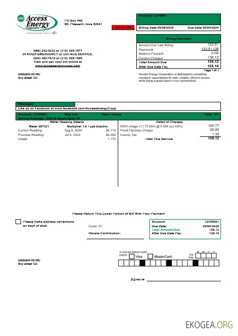 Modèle de facture de services publics d'entreprise USA Iowa Access Energy Cooperative aux formats Word et PDF